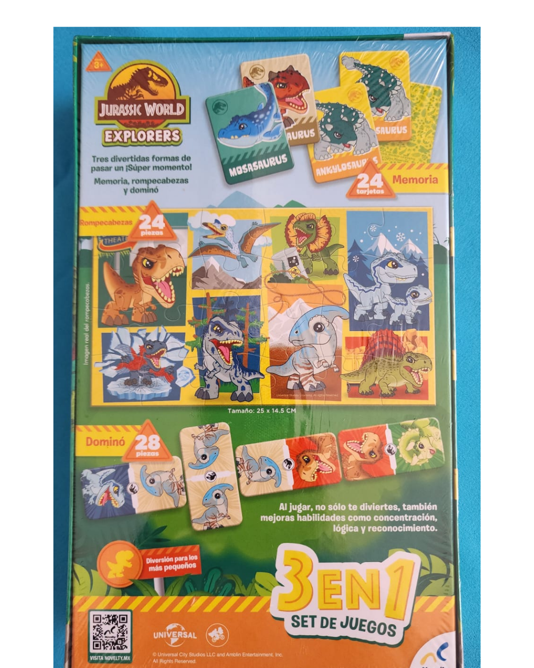 Juego de Mesa Dinosaurios 3 en 1 – Memoria, Dominó y Rompecabezas